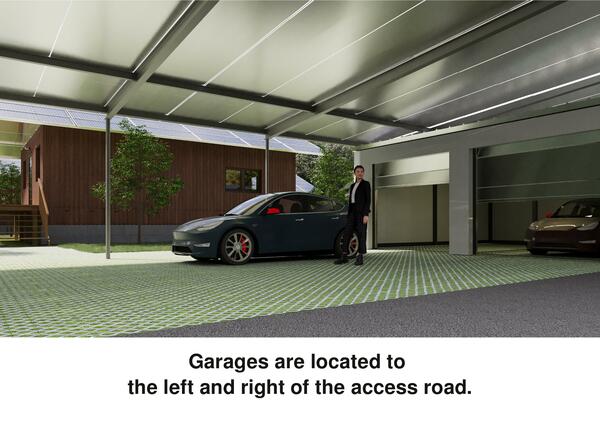 As garagens estão situadas à esquerda e à direita da estrada de acesso
As garagens têm u=0,15 para as paredes e o teto. A porta da garagem tem u=0,28. É aquecida a 12° a 15° no inverno, o que permite poupar eletricidade para os carros eléctricos.
