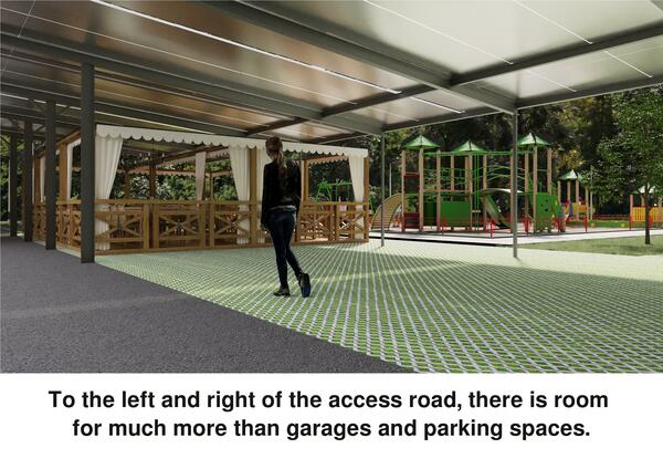 Left and right of the access road is for much more space
than just for garages and parking space. Shaded sunbathing areas by the swimming pool, a gazebo, various sports activities.