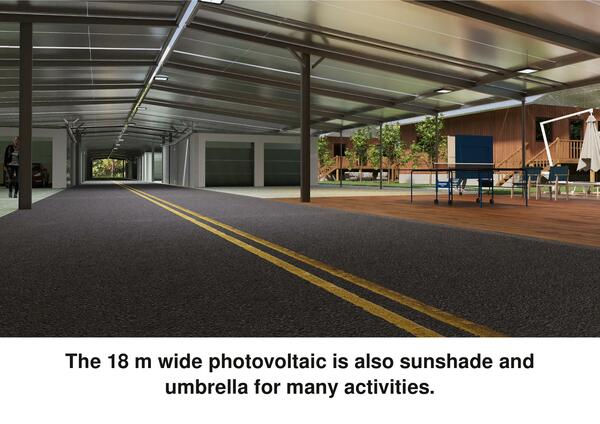 Den 18 m brede solcelle er også parasol og paraply
til mange aktiviteter. Her er for eksempel bordtennisborde. Børnene kan lege udendørs selv i regnvejr.
