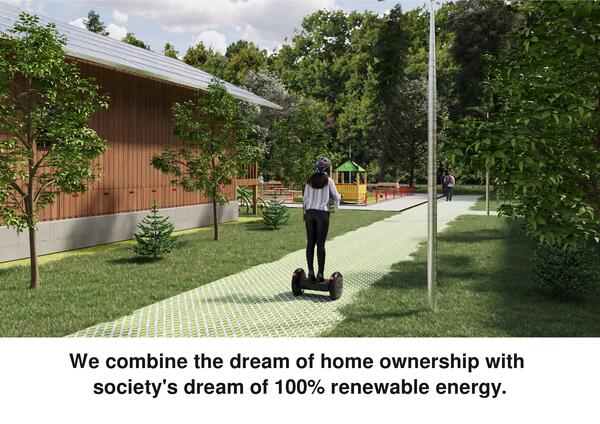 Vi kombinerar drömmen om att äga sitt hem
med samhällets dröm om 100 % förnybar energi. Använd synergieffekterna av GEMINI nästa generations hus för att göra båda överkomliga.