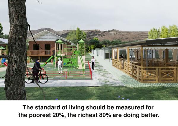 生活水準は、最貧困層20％の間で測定されるべきである。
80％の富裕層はより裕福である。超富裕層がホームレス貧困層のテント村を車で通るような社会は、豊かとは呼べないのです。