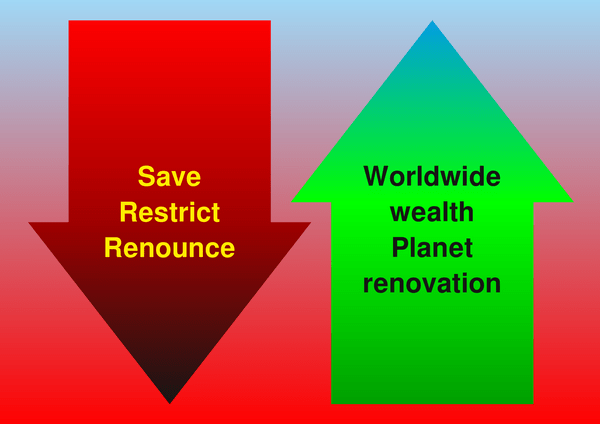 Lidstvo na křižovatce
Pokračujte v programu “Save Restrict Renounce“ směrem k sebezničení nebo ke globální prosperitě, abyste vytvořili podmínky pro obnovu planety.